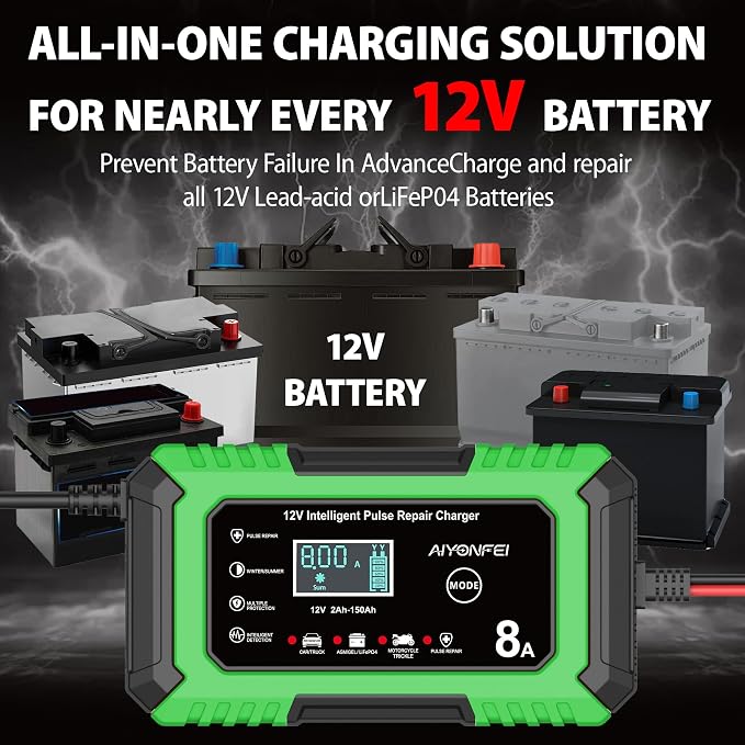 12V Battery Charger 8-Amp Smart Trickle Charger, Green | Battery Maintainer and Desulfator, Temperature Compensation, for Car, Truck, SUV, Motorcycle, Boat, Lead Acid, LiFePO4