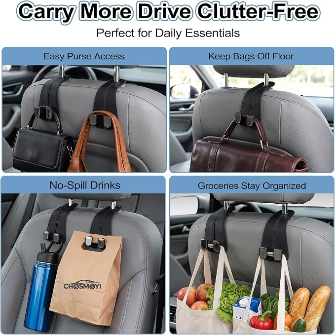 CHOSMOYI 2 Packs Car Seat Hooks, Leather Car Headrest Hook, Car Purse Hook Seat Back Hanger Storage Organizer, Car Hook for Purses and Bags(Black)