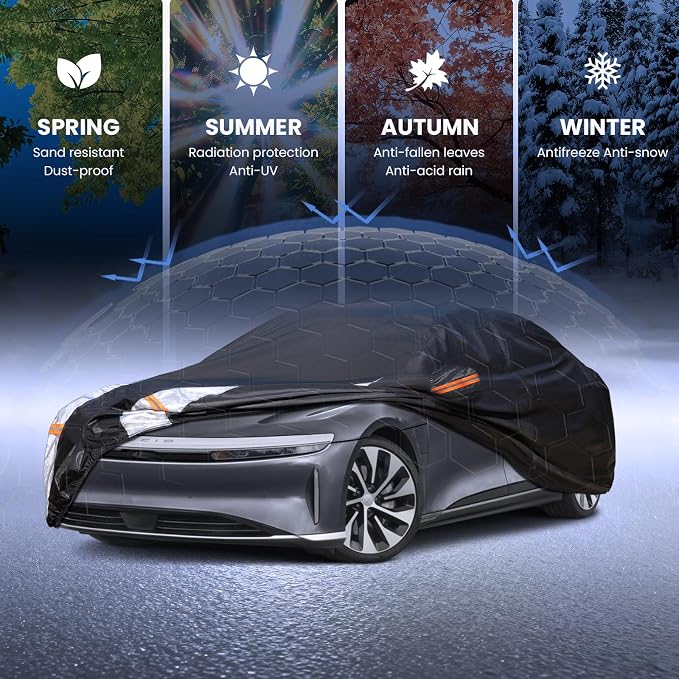 Multi-Layer Car Cover Custom Fit for Lucid Air(EV) (2021-2026), 100% Waterproof All Weather for Automobiles, Gift with Towel, Heavy Duty Car Covers for Rain Sun UV Protection with Door Zipper.