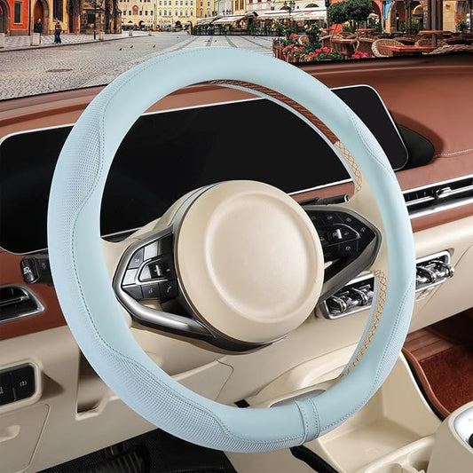 Nappa Leather Ice Silk Fabric Blue Steering Wheel Cover | Non-Slip Breathable Soft Light Blue Car Accessories, Warm in Winter and Cool in Summer Universal 14.5 inch to 15 inch