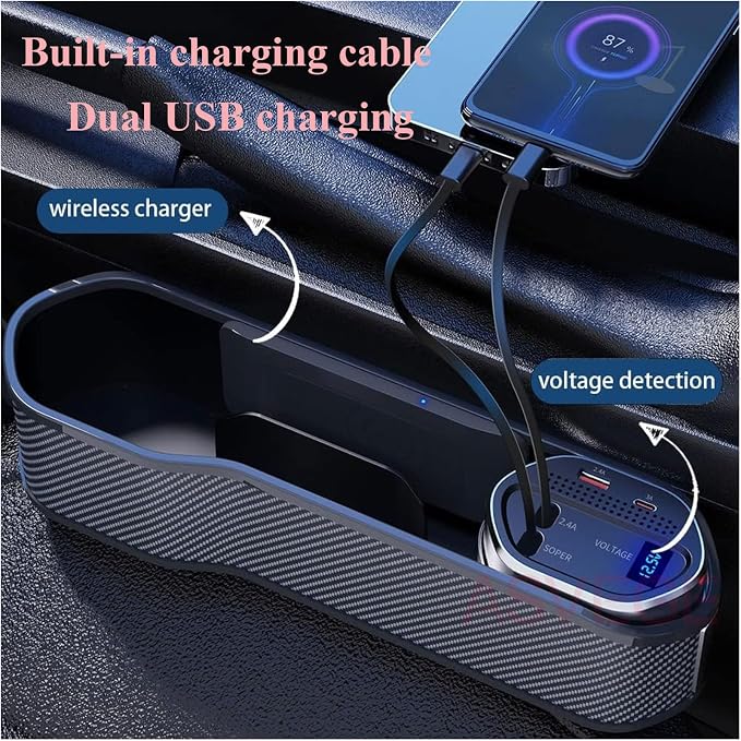 Car Seat Gap Filler Organizer with Wireless Charger,Cigarette Lighter | ASVEGE 5 In 1 Quick Charge Storage Box with 2 USB Ports & 2 60W Retractable Charging Cable,Cup Holder for Sedans Suv Truck