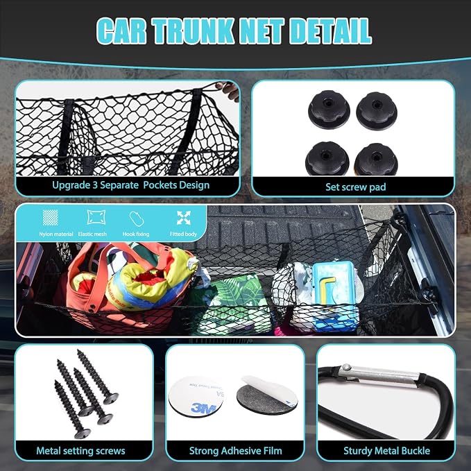3 Pocket Cargo Net Trunk Bed Extender, 43.3” x 11.8” Mesh Truck Bed Organizer with Metal Hook, Heavy Duty Cargo Net for Cars, SUV