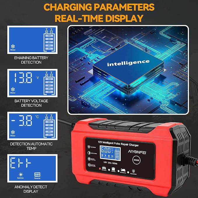 6A 12V Car Battery Charger Smart Maintainer Trickle Charger, Red | Smart Battery Desulfator, Temperature Compensation, for Car Truck Motorcycle, Lawn Mower Marine