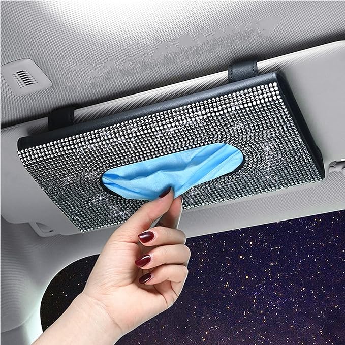 【2026 Upgraded】 Bling Car Sun Visor Tissue Box with Refills Paper Towels, PU Leather Backseat Mask Case,Crystal Sparkling Napkin Holder, Handmade Decoration Accessories for Women,Girls,Ladies as Gift