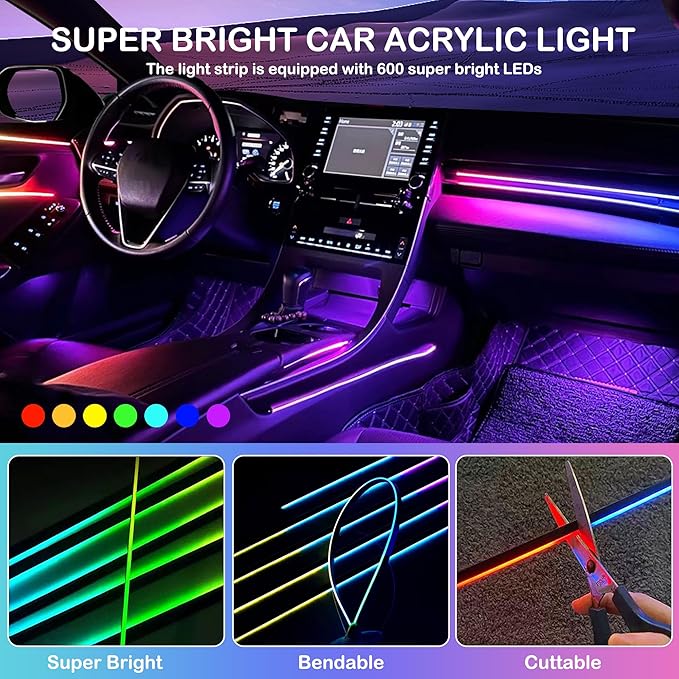 Interior Car LED Strip Lights, RGB Dynamic Dreamcolor Chasing Acrylic LED Lights for Car, USB Powered Ambient Lighting Kits with Wireless APP, Sound Active Function Car Neon Lights (1 in 1)