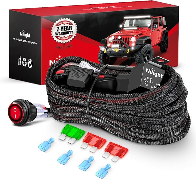 Nilight Wiring Harness Kit Nylon 12 AWG 2 Leads 12 V On Off Switch Power Relay Blade Fuse for LED Light Bar Off Road Lights on Cars Jeep Boat Trucks