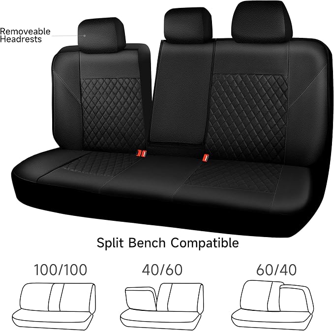 CAR PASS Faux Leather Back Seat Cover, Universal Quilting Waterproof Bench Rear Seat Cover Universal car seat Cover Fit 95% Automotive Interior Covers for Sedans SUVs Vans Small Trucks, All Black
