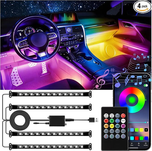 LivTee Interior Car LED Lights, Smart RGB Ambient Lighting with App & Remote Control, Music Sync & DIY Modes, 4-Line Separate Design LED Strip Lights, USB Powered, Car Accessories for Women