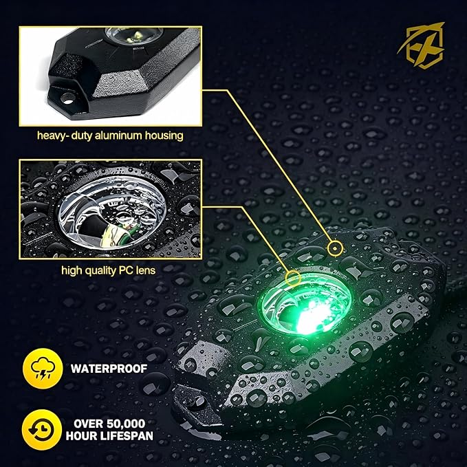 Xprite Colorful LED Rock Lights Kit with Bluetooth & Wireless Remote Controller, Multicolor Cars Underglow, Wheel, Footwell Neon Light Kits, for Off-Road UTV ATV Trucks SUV Motorcycle Boats - 4 Pods