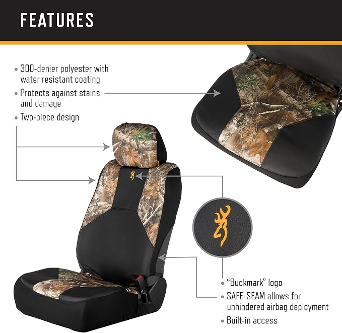 Browning Universal Low Back and Bench Seat Covers, Water and Dirt Resistant Car, Truck, and SUV Seat Covers, Realtree Edge (Excursion), Low Back (Single)