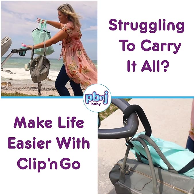 PBnJ Baby Stroller Hooks, 6.6" Extra Large Carabiner Clip, 2 Pack — Heavy Duty Stroller Clips for Hanging Bags, Patented Foam Handle Mommy Hook, Stroller Accessories for Shopping Purse Grocery Bag