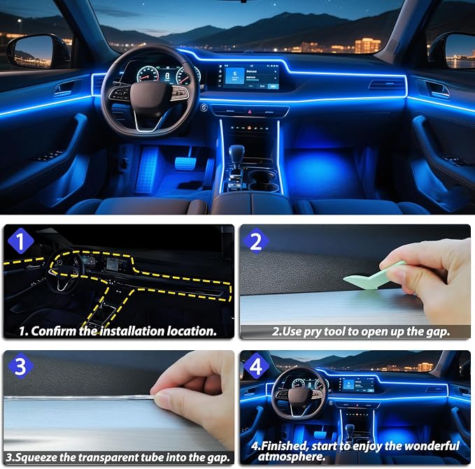 6 in 1 Car Led Strip Lights with App Control, RGB Colors Interior Car Lights, Ambient Led Lighting Kit, 4 Light Flashing Modes, USB Neon Accessories for Doors, Center Console