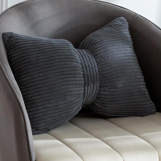 HIGOGOGO Lumbar Support Pillow for Recliner Chair, Bow Knot Shaped Back Support Cushion, Striped Corduroy Soft Decorative Lumbar Pillow for Office Chair, Sofa, Car, Bed, Living Room - Dark Grey