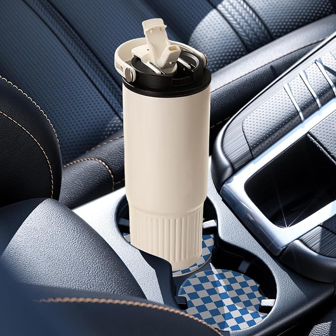 2 Pack Car Coasters for Cup Holders, Absorbent Ceramic Cup Coaster with Cork Base and Finger Notch, Cute Car Accessories Interior for Women Men (Grid-Blue)