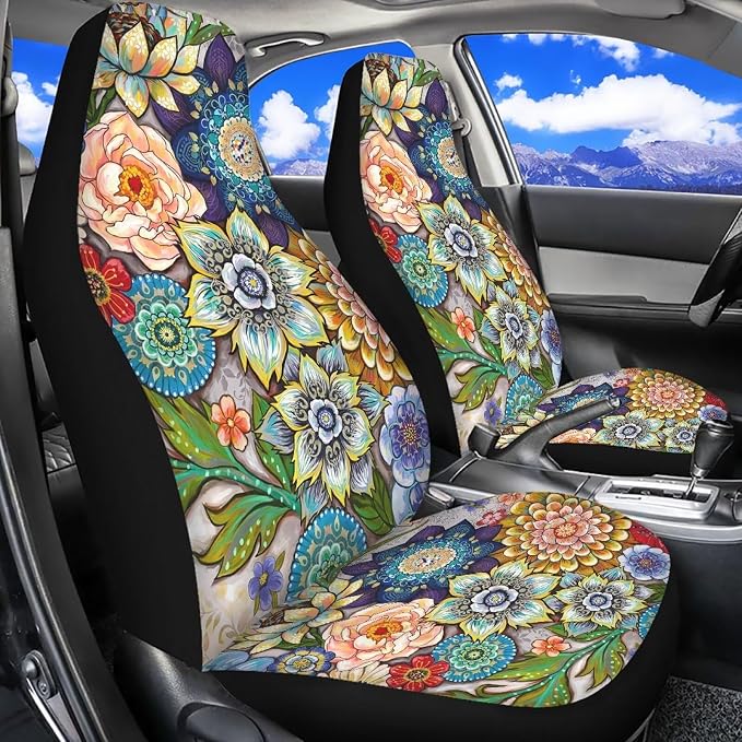 Boho Floral Front Car Seat Covers Set of 2 for Women, Universal Fit Bucket Seat Protectors for Cars, SUVs, Sedans and Trucks, Soft Breathable Polyester, Front Seats Only