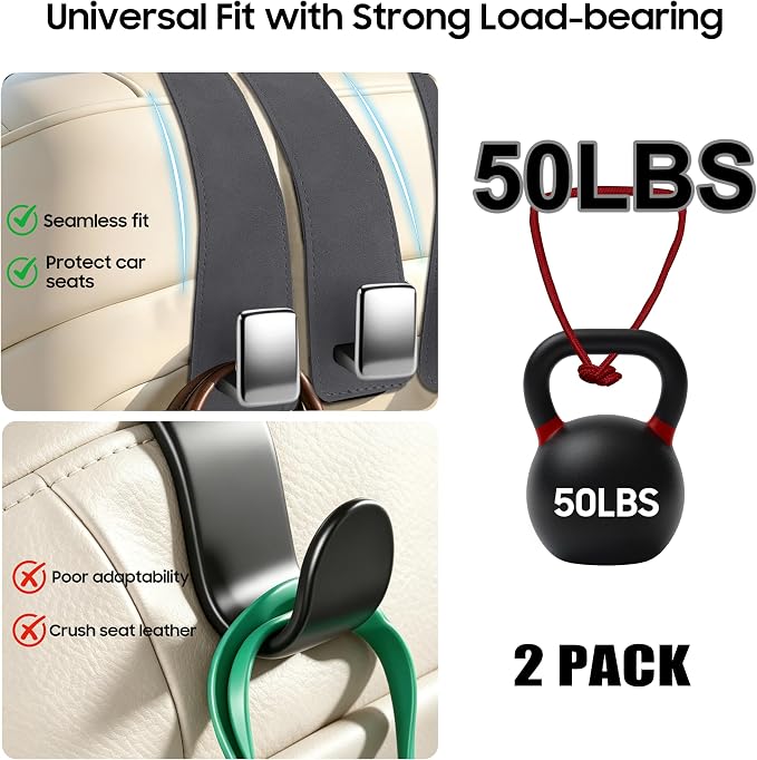 Amooca 2 Pack Car Headrest Hooks, Premium Suede with Metal Hook Car Seat Back Storage Hanger for Purses, Handbags，Grocery Bags - Gray