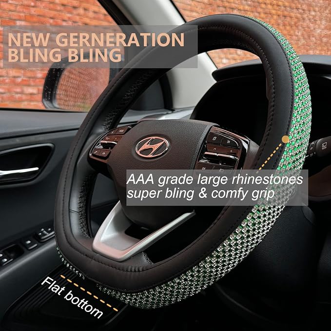 PINCTROT D Shaped Bling Comfy Steering Wheel Cover with Jumbo Crystal Rhinestones, Anti-Slip Diamond Leather, Flat Bottom 14.5-15 Inch (Vivid Green)
