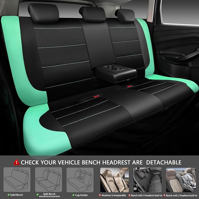 CAR PASS Leather Seat Covers, Breathable Universal Car Seat Cover Full Set for Cute Women Girly,Super 5mm Composite Sponge Inside,Airbag Compatible Fits Most Auto,SUVs,Trucks,Vans(Full Set,Black&Mint)