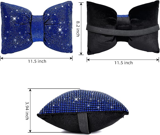 2 PCS Bling Car Pillows,Rhinestones Bowknot Car Headrest Pillow,Car Neck Pillow for Driver Relax Necksupport,Sleeping Travel Support Neck Pillow,Shiny Diamond Interior Accessories for Women,Blue