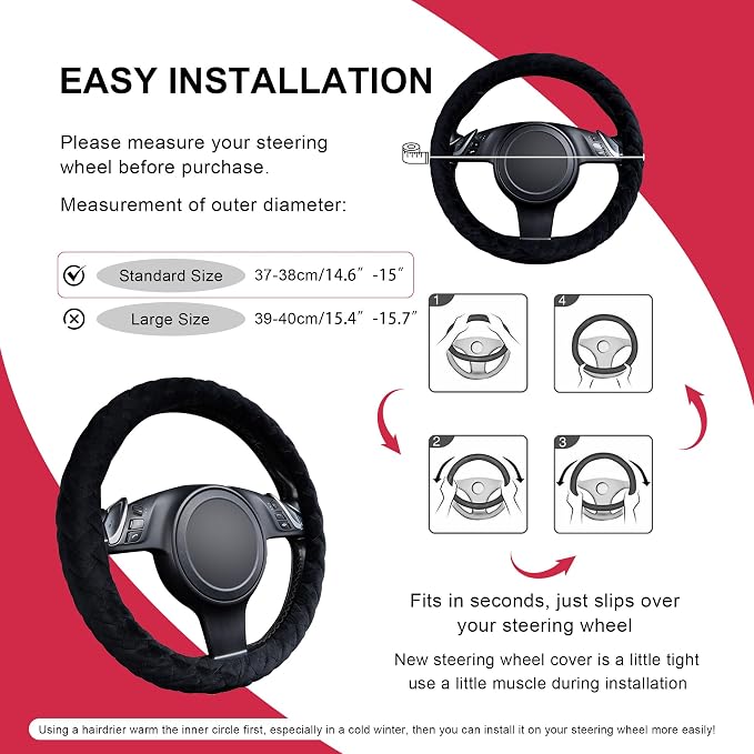 Flying Banner Faux Leather Heavy Duty Inner Ring car Steering Wheel Cover 14.5-15 inches (All Black)