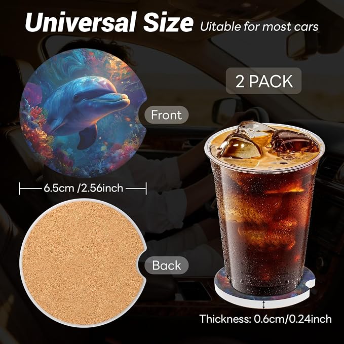 Car Cup Holder Ceramic Coasters 2 Pack, 2.56 in Anti Slip Absorbent Coaster with Cork Base and Finger Notch, Funny Cute Car Accessories Interior for Women, Killer Whale