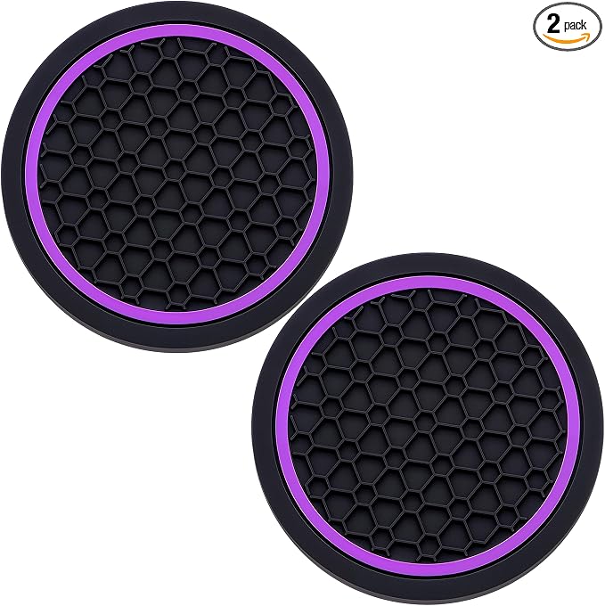 2-Piece Anti-Slip Car Cup Coaster Set – 2.75 Inch Auto Insert Drink Mats, Perfect for Coffee & Beverages – Stylish Interior Decor for Women & Girls (Black & Purple)