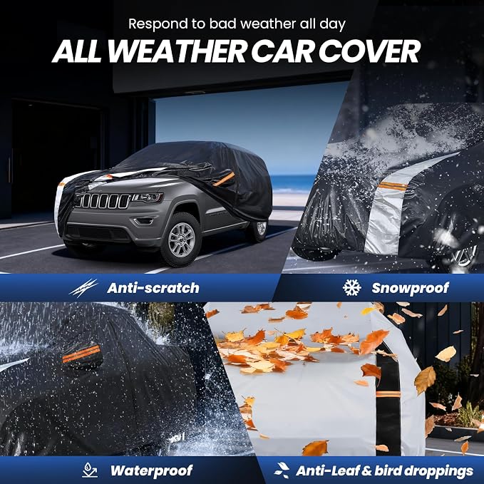 Multi-Layer Car Cover Custom Fit for Jeep Cherokee(2013-2026), 100% Waterproof All Weather for Automobiles, Gift with Towel, Heavy Duty Car Covers for Rain Sun UV Protection with Door Zipper