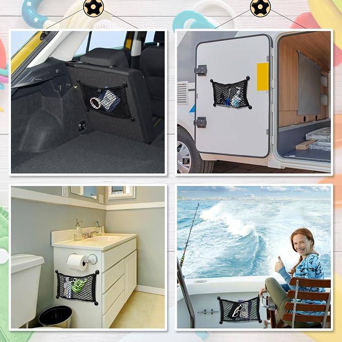 Frienda 4 Pcs 21 x 9.8 Inches Stretchable Small Cargo Net Pocket Boat Storage Mesh Net Elastic Automotive Storage Pouch with Mounting Screws and Hooks for Truck Car SUV Boats