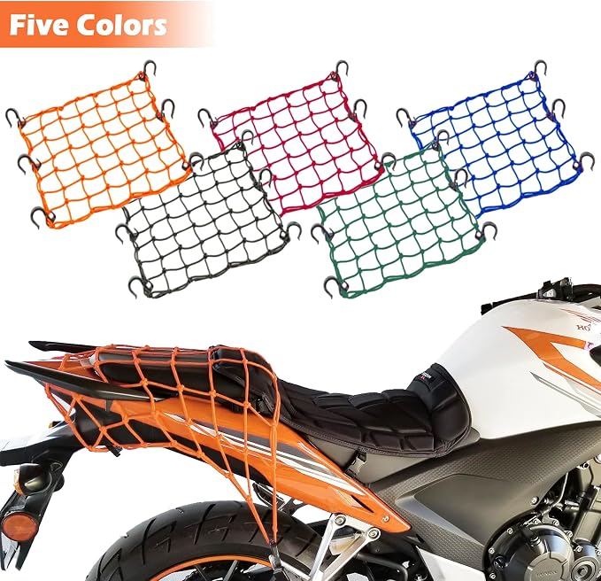 Small Cargo Net 15"x15" Stretches to 30"x30" with Thicken Hooks | Natural Latex Core, Tight 2”x2” Mesh Heavy Duty Bungee Net for Motorcycle Helmet, Bike, ATV, UTV, Luggage (Red, 1 Pack)