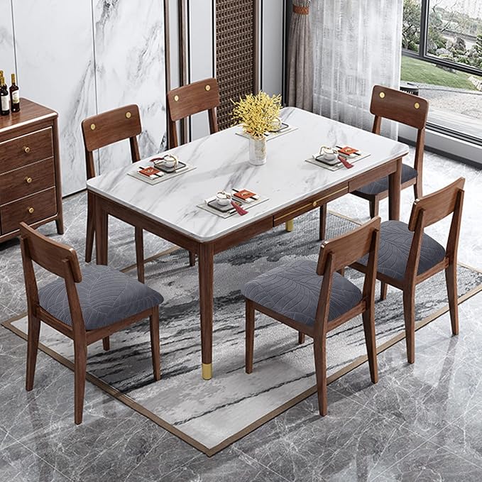 Genina Waterproof Seat Covers for Dining Room Chairs, Stretch Chair Seat Covers Removable Washable Dinning Room Kitchen Chair Cushion Slipcovers (Leaves-Dark Gray, 4 PCS)