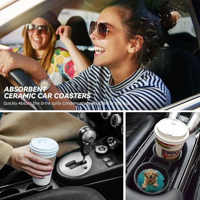 Golden Retriever Underwater 2 Pack Car Cup Holder Coasters Absorbent Ceramic Drink Coasters 2.56" Anti Slip Cup Mat with Cork Base and Finger Notch Auto Accessories Interior for Women Men
