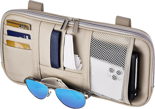 Car Sun Visor Organizer – Car, SUV, Truck Interior Accessories - Magnetic Glasses Holder & Full Length Horizontal Pockets, Allows Safe Driving - 12.2 X 6.1 In, Beige