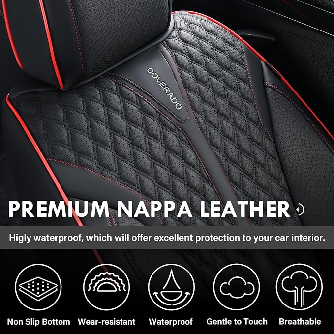 Coverado Front Seat Covers, Waterproof Seat Covers, 2 Pack Nappa Leather Car Seat Covers, Black Seat Covers for Cars, Automotive Seat Covers Universal Car Seat Protector Fit for Most Cars, Black&Red