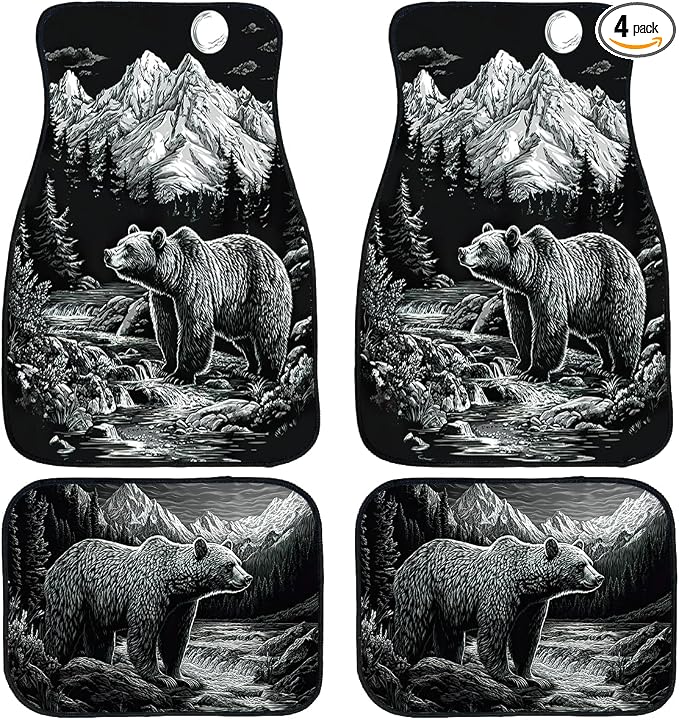 Bear Car Floor Mats Set of 4 Mountain Moon Snow Stream Vintage Carpet Front Rear Carpets Mat Non-Slip Auto Car Accessories Universal Fit Car Accessories for Truck