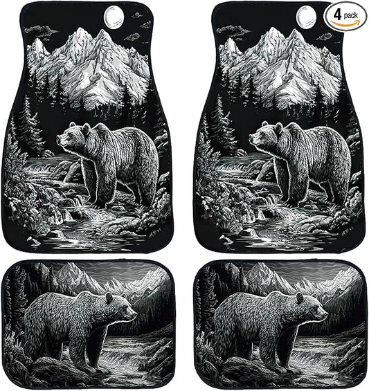 Bear Car Floor Mats Set of 4 Mountain Moon Snow Stream Vintage Carpet Front Rear Carpets Mat Non-Slip Auto Car Accessories Universal Fit Car Accessories for Truck
