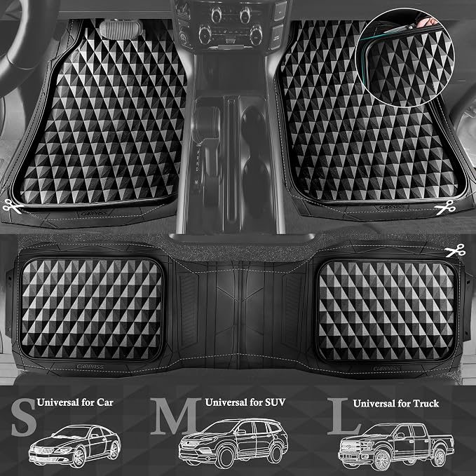 CAR PASS 3 Row Heavy Duty Rubber Car Mats, Deep-Dish All-Weather for 7 Seats 8 Seater 2nd & 3rd Floor Mats Waterproof Universal Trim Fit Liner Van,SUV,7 Passengers Vehicle,Automotive 3D Rhombus Black