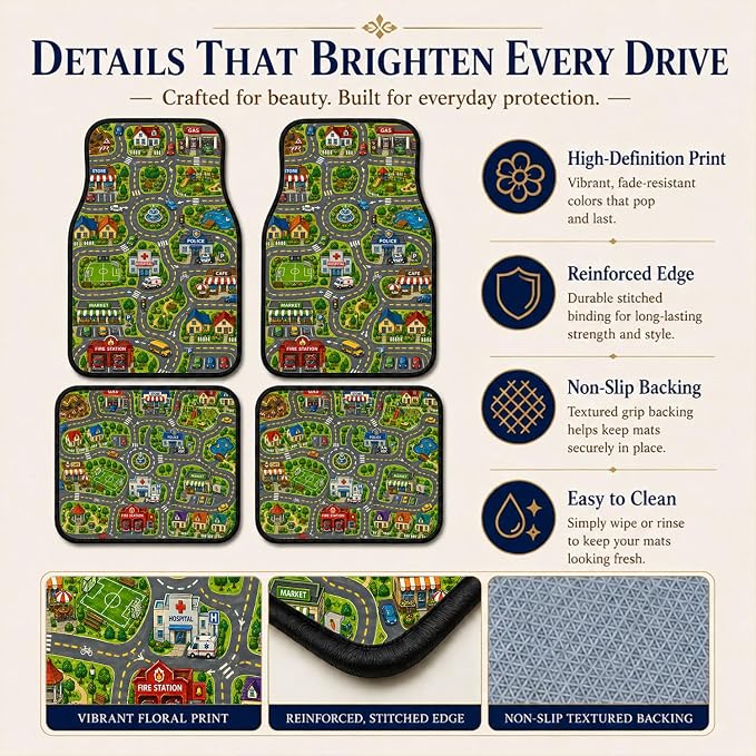 City Road Car Floor Mats Set of 4 Child Playmat Traffic Town Car Accessories Foot Mats Rugs, Non-Slip,Decor for Universal Fit for Suvs Sedans Trucks Cars Auto Floor Carpets Rugs All-Weather