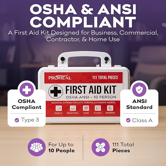 OSHA Compliant First Aid Kit for Car, Home & Business - 10 Person, Type III, ANSI Class A, 111 Pieces Emergency Kit for Office, Truck & Construction Site - Latex Free, Wall Mountable | ProHeal