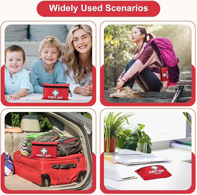 General Medi Mini First Aid Kit, 150 Piece Small First Aid Kit - Includes Emergency Foil Blanket, Scissors for Travel, Home, Office, Vehicle, Camping, Workplace & Outdoor (Red)