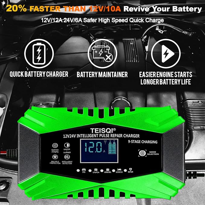 Battery Charger,12-Amp 12V/24V Smart Battery Trickle Charger | Automotive Battery Maintainer Desulfator,with Temperature Compensation,for Car Motorcycle Mower Lead Acid/LiFePO4