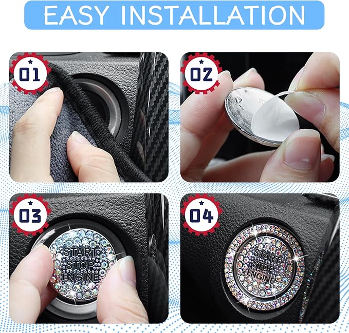 2PCS Rhinestone Push Start Button Cover Bling Car Accessories for Women, Sparkly Diamond Push to Starter Stop Button Decorative Cover, Key Ignition Knob Ring Crystal Emblem Sticker(Pink)