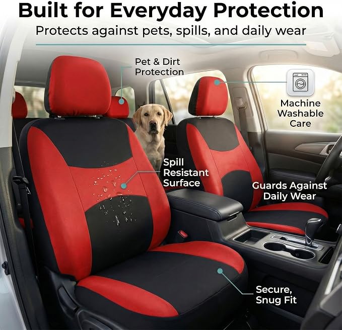 FH Group Universal Automotive Seat Covers 8 Seater Set | Light & Breezy Flat Cloth Washable Car Seat Cover for SUV, Sedan, Truck | Airbag Compatible Interior Upgrade - Red/Black
