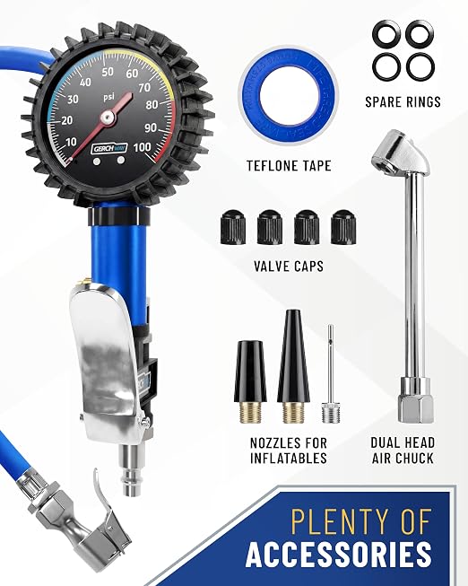 GERCHWAY Tire Inflator with Pressure Gauge Heavy Duty Air Chuck with Gauge for Air Compressor Tire Inflator Attachment - 100PSI, with Case