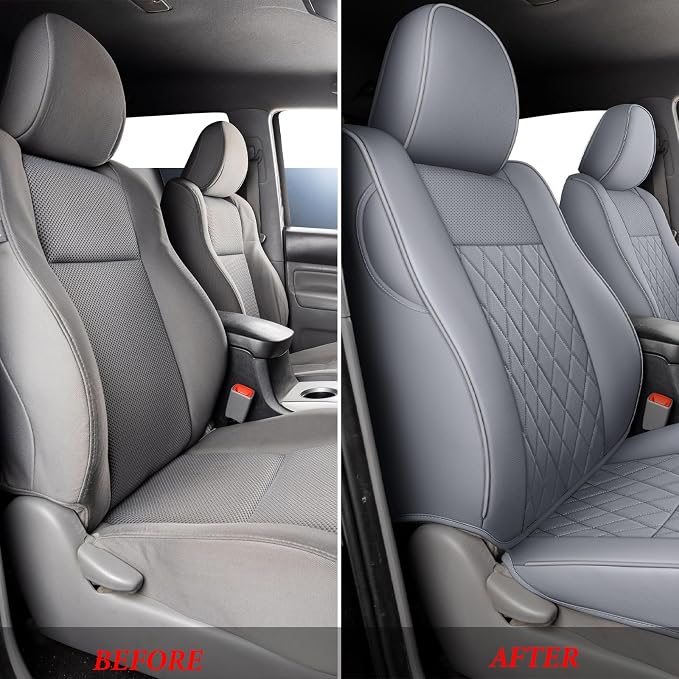 Coverado Tacoma Seat Covers, Car Seat Covers Front Seats, Leather Seat Covers for Cars Car Seat Protector Cushion Tacoma Accessories Custom Fit 2005-2023 Toyota Tacoma Double/Crew Cab(Gray)