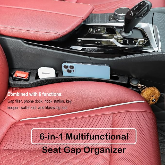 Carseat Gap Filler Organizer 2 Pack, 6 in 1 Car Side Seat Gap Plug Strip with Storage Slot, Window Breaker and Hook, Automotive Seat Catcher or Spacer Interior Accessories Between Seats & Console
