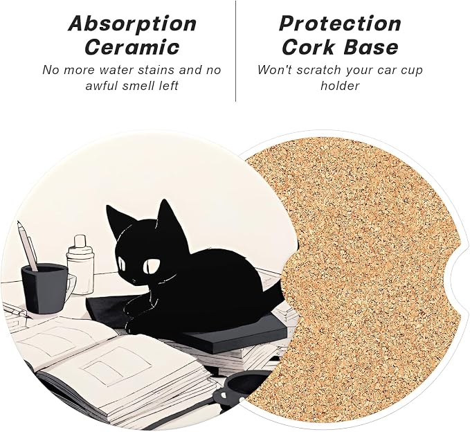 Aiawoxc Car Cup Holder Coasters, 2 Pack Universal Auto Anti Slip Insert Coaster with A Finger Notch, Cup Mat for Most Car Interior, Cute Reading Cat