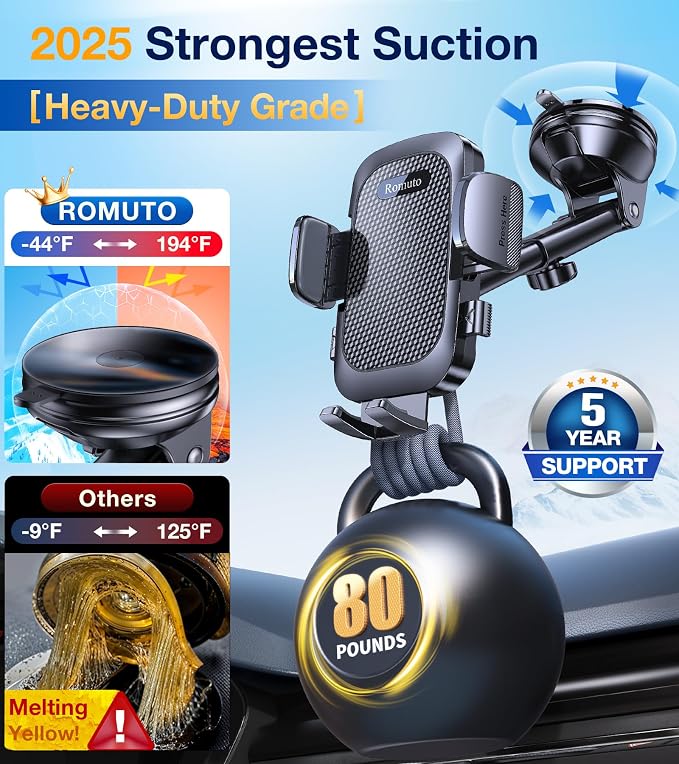 Romuto Phone Holders for Your Car Phone Holder Mount【Super Suction】 Cell Phone Holder for Car Accessories for Women Men【360° Adjustable】 Suction Phone Mount for Car, Window, Bathroom