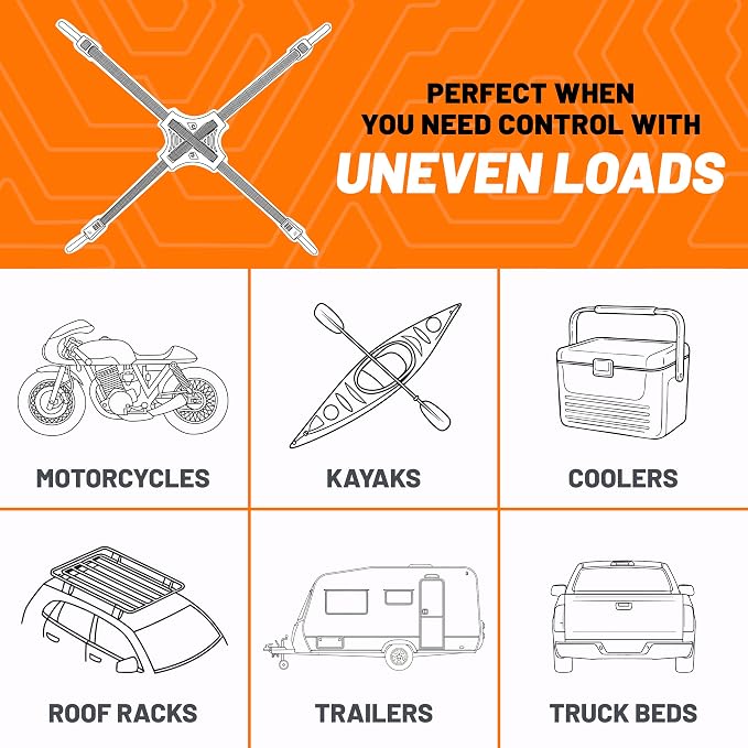 Tack Strap – 4-Way Flat Bungee Cord with Rubber Pad Grip, Non-Slip Tie Down Straps for Motorcycle, ATV, Kayak, Cycling, Camping, Truck Storage, Adjustable Bungee Cords - 2 Pack (Orange)