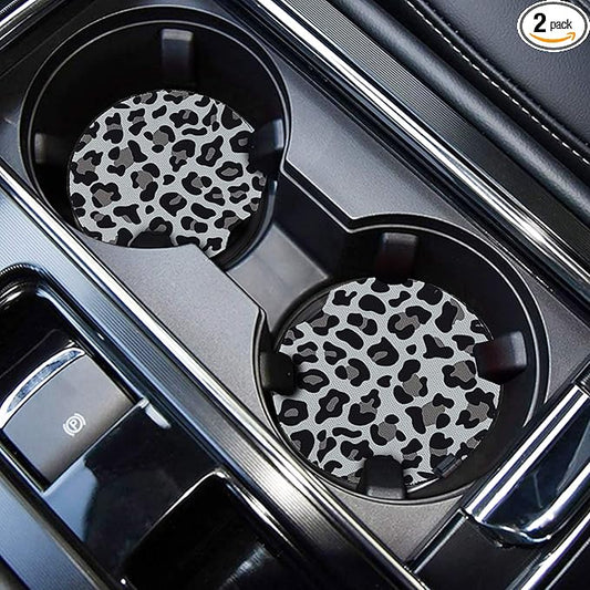 WOCOCN Cute Cup Holder Coasters for Car with Fingertip Grip, Auto Accessories for Women & Men,Pack of 2 (Snow Leopard)