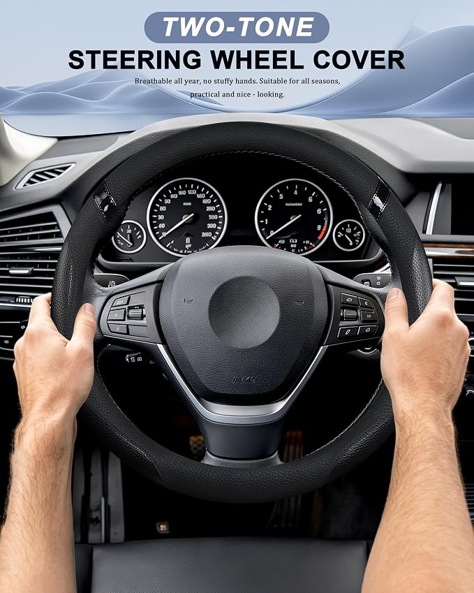 Cxtiy Car Steering Wheel Cover for Men Women Universal Leather Steering Covers for Car SUV (Full-Black)